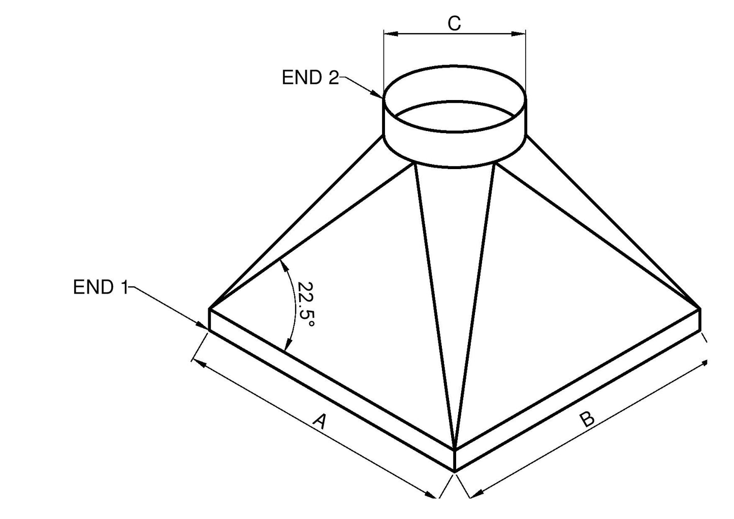 Labelled CAD drawing of a square to round duct fixing used in ventilation systems